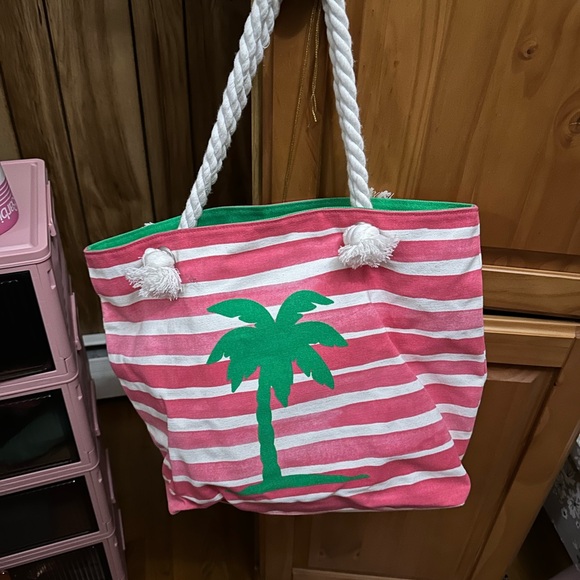 Pink and White Striped Tote with Green Palm Tree - Picture 1 of 4